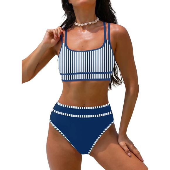 Popvil Other - NWT Popvil High Waisted Bikini Set Blue Stripe Crisscross Sporty Bikini Small